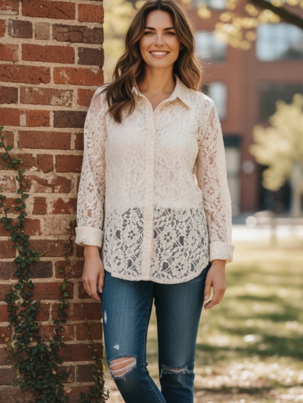 Cato Cream Lace Button-Down Shirt